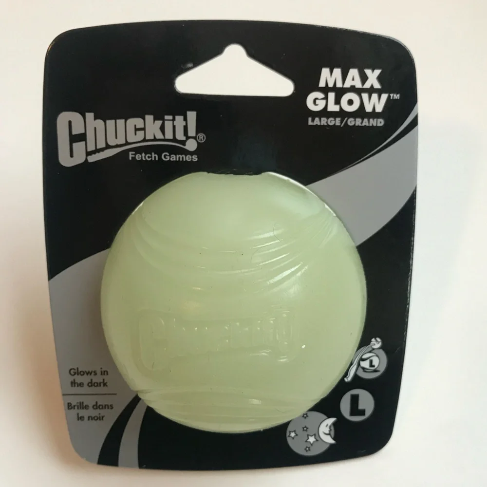 CHUCKIT MAX GLOW DOG BALL. 3” Diameter, Size Large.
